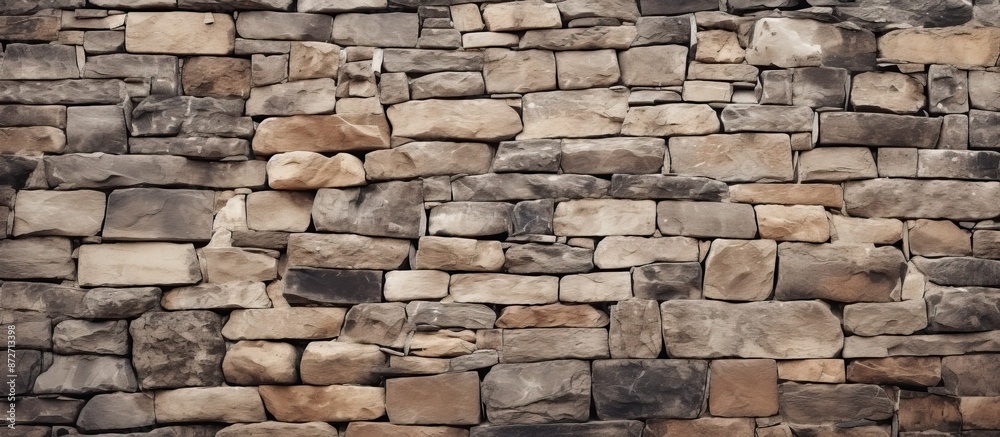 Fototapeta premium Retro stonewall background with old stone wall texture, rock blocks, ancient bricks fence, and a brickwork exterior mockup with copy space image.