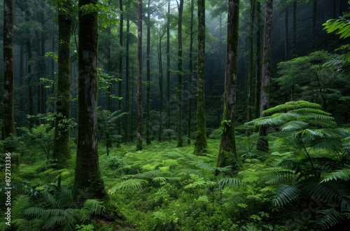 lush green forest with towering trees and ferns