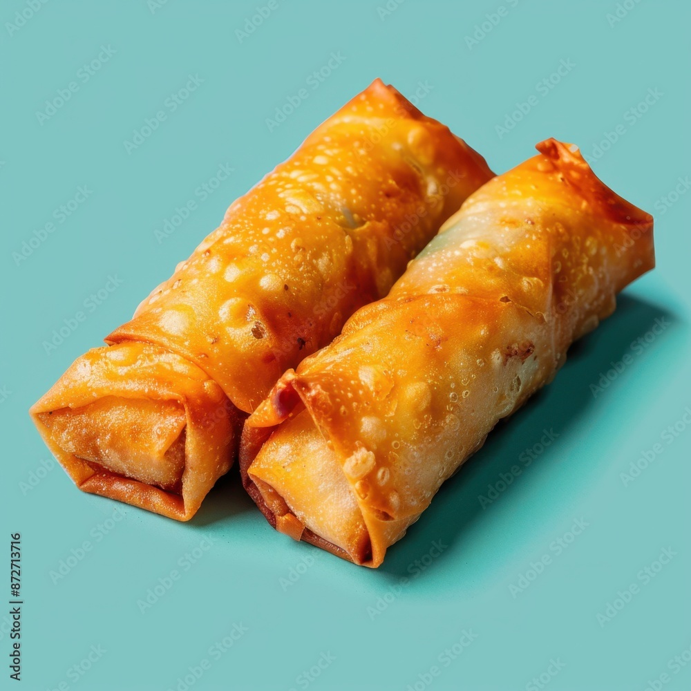 Two Crispy Egg Rolls on a Turquoise Background Two Crispy Egg Rolls on a Turquoise Background