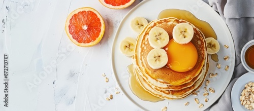Home-made pancakes piled wi...