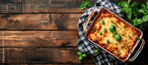 Top view of a baking dish showcasing lasagna topped with bolognese sauce and minced beef, set against a rustic wooden background with space for text or graphics. with copy space image