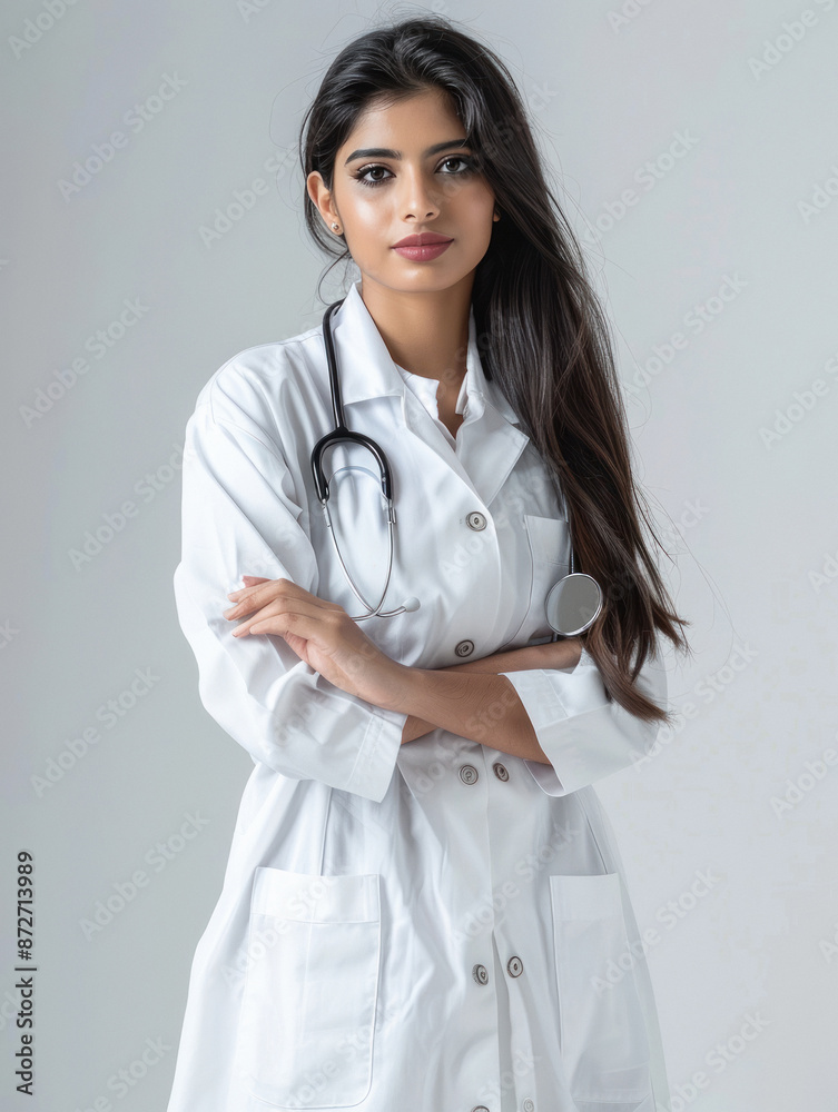 Young Indian female doctor standing confidently on white background Young Indian female doctor standing confidently on white background