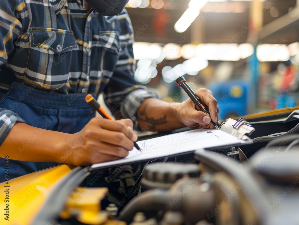 Auto repair worker checking the engine and recording observations on a checklist Auto repair worker checking the engine and recording observations on a checklist