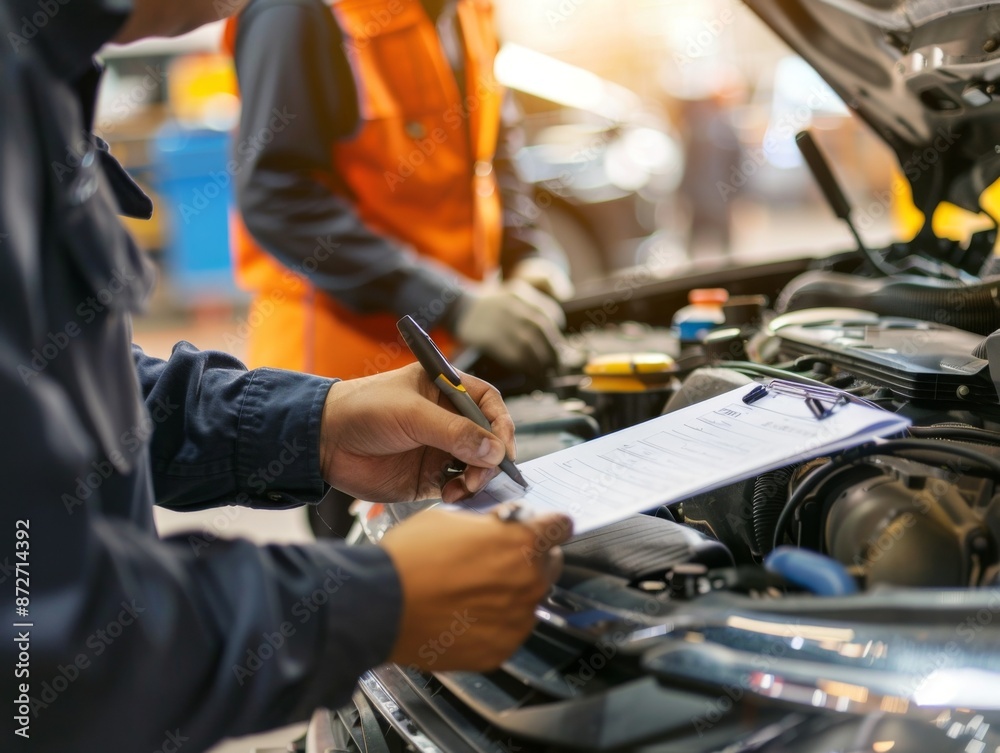Auto repair worker checking the engine and recording observations on a checklist Auto repair worker checking the engine and recording observations on a checklist