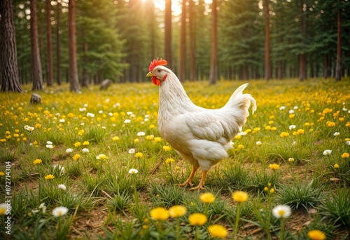 Chicken in Yellow Flowers with Green Trees