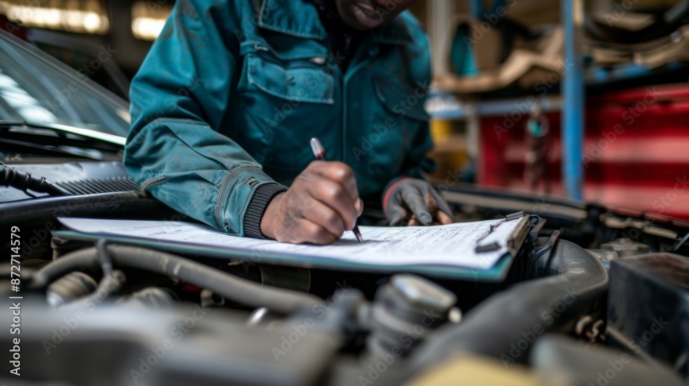 Auto repair worker inspecting the engine and documenting observations on a checklist Auto repair worker inspecting the engine and documenting observations on a checklist