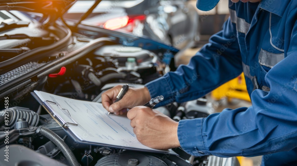 Auto repair worker examining the engine and recording observations on a clipboard Auto repair worker examining the engine and recording observations on a clipboard