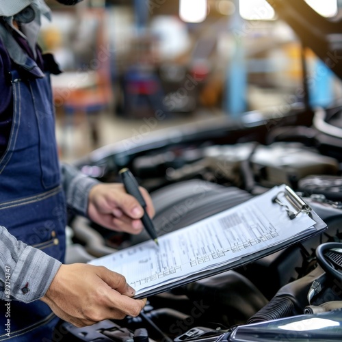 Auto repair worker performing an engine inspection and recording observations on a checklist