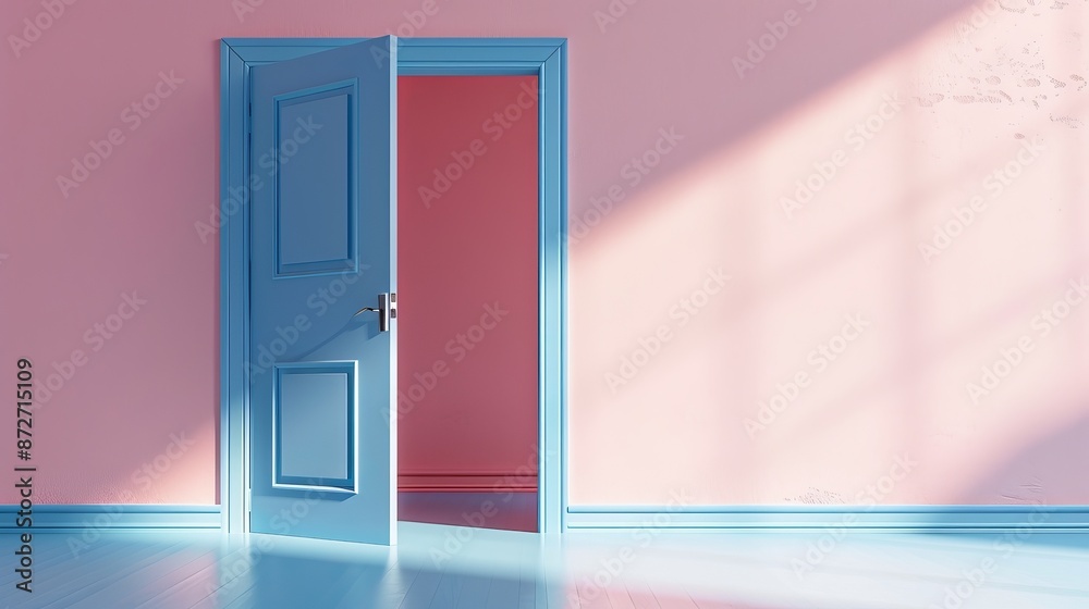 Stylish blue door slightly open, light spilling into a room with a pink pastel wall, 3D render emphasizing modern design, raw finish Stylish blue door slightly open, light spilling into a room with a pink pastel wall, 3D render emphasizing modern design, raw finish