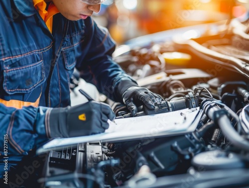 Automotive technician inspecting the engine bay and documenting observations on a clipboard