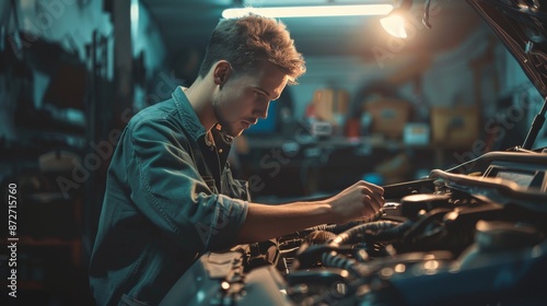 Mechanic in a garage checking the engine and making notes on a checklist
