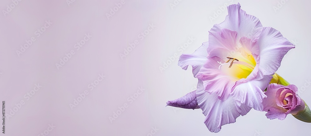 A delicate lilac gladiolus flower with a yellow center is showcased in a modern, simple floral concept, suitable for a postcard or template with ample copy space image. A delicate lilac gladiolus flower with a yellow center is showcased in a modern, simple floral concept, suitable for a postcard or template with ample copy space image.