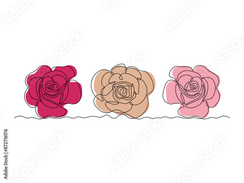 Abstract set of three rose flower, continuous single line art drawing sketch, logo