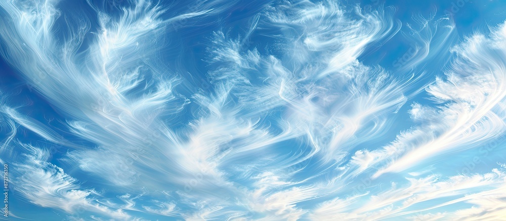 Blue sky background with bright clouds featuring wind pattern and available copy space image. Blue sky background with bright clouds featuring wind pattern and available copy space image.