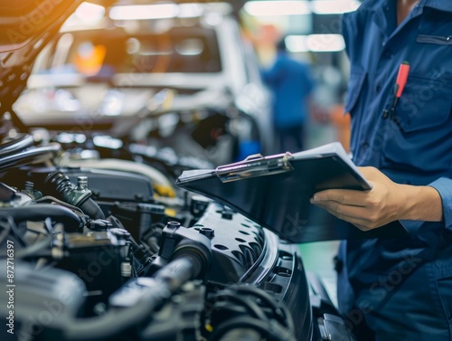 Mechanic with a clipboard, checking the engine in a workshop