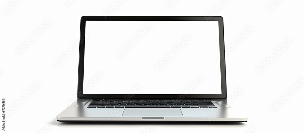 Stock photo featuring a modern laptop with an empty white screen against a white backdrop, perfect for copy space image.