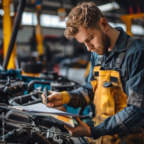 Mechanic with a clipboard, performing an engine check in a garage