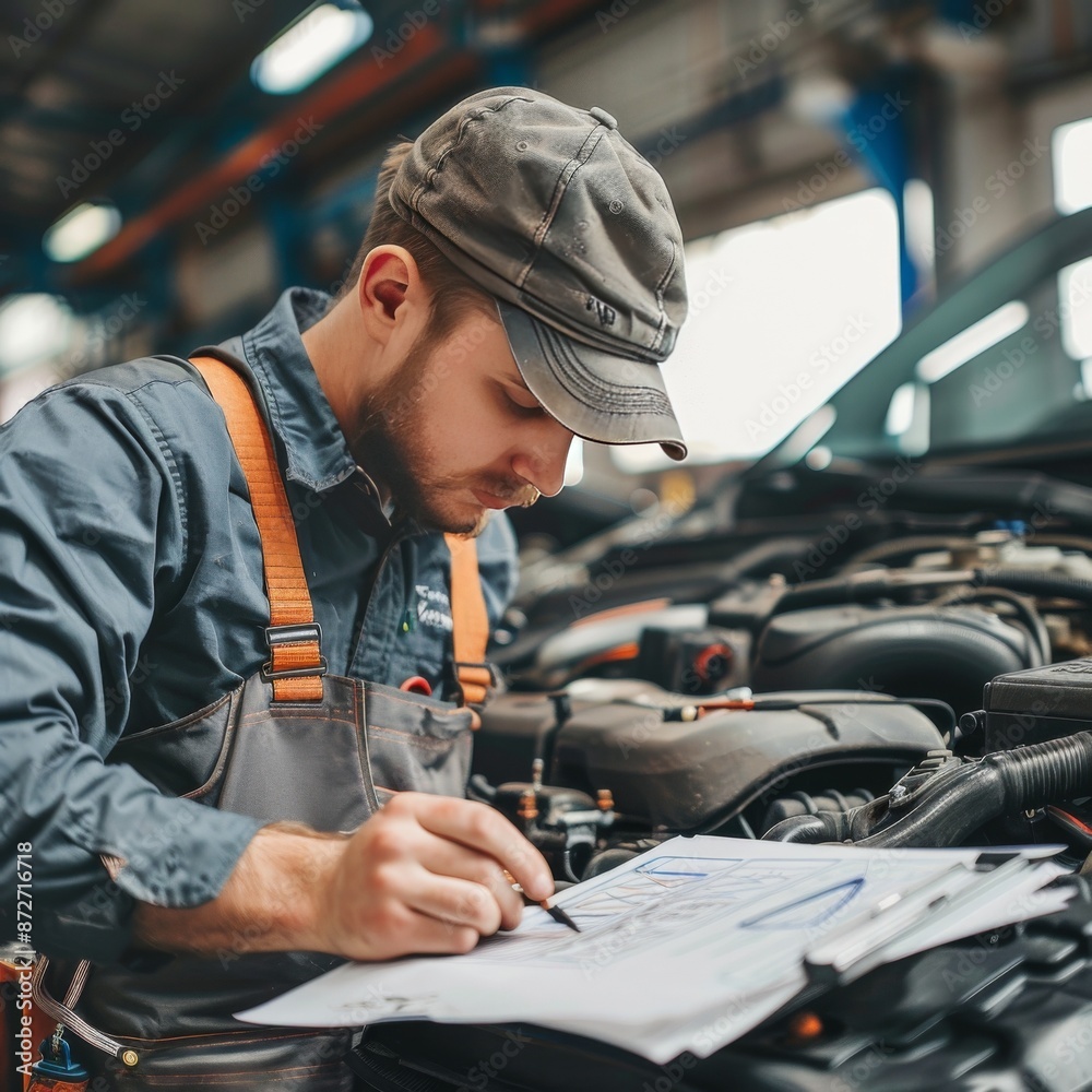 Vehicle repairman examining the engine and making notes on a checklist Vehicle repairman examining the engine and making notes on a checklist