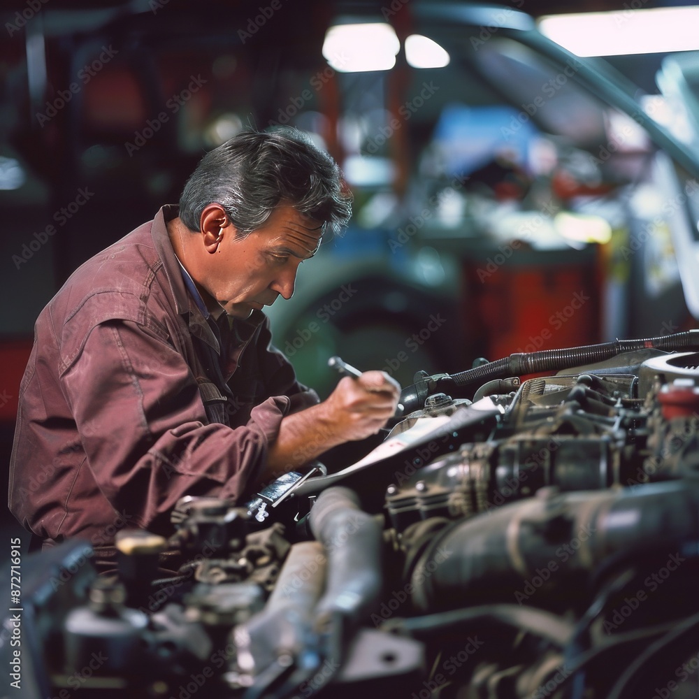 Vehicle repairman examining the engine and making notes on a checklist