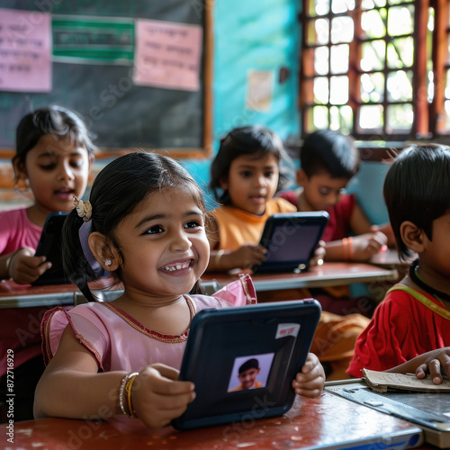 indian school children using tablets in the classroom