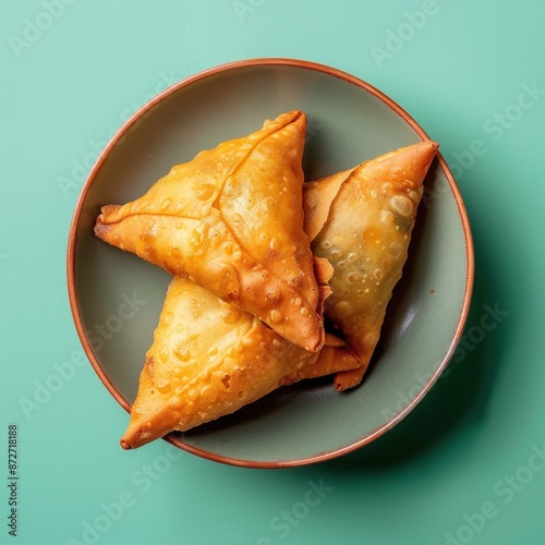 Three Golden Samosas on a Plate photo