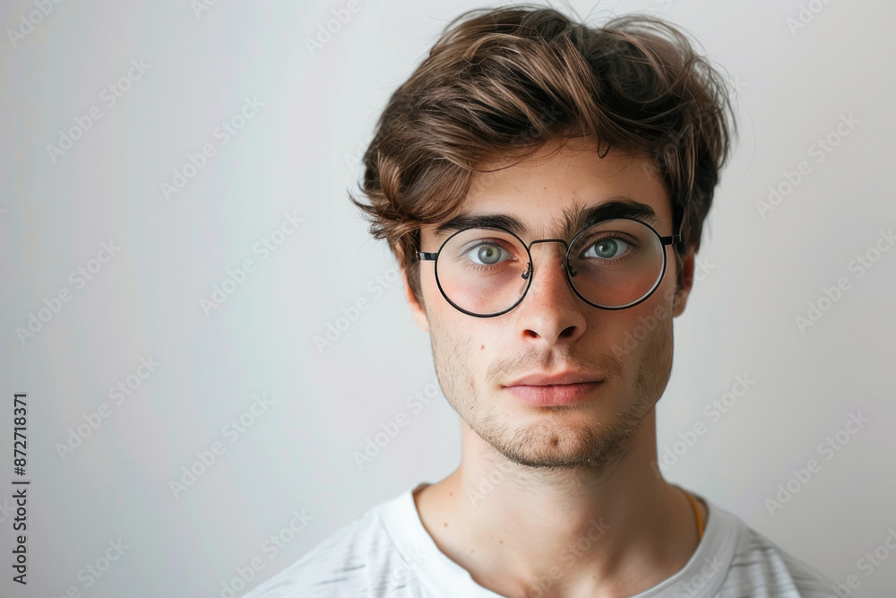 young handsome man wearing eyeglasses on white background young handsome man wearing eyeglasses on white background