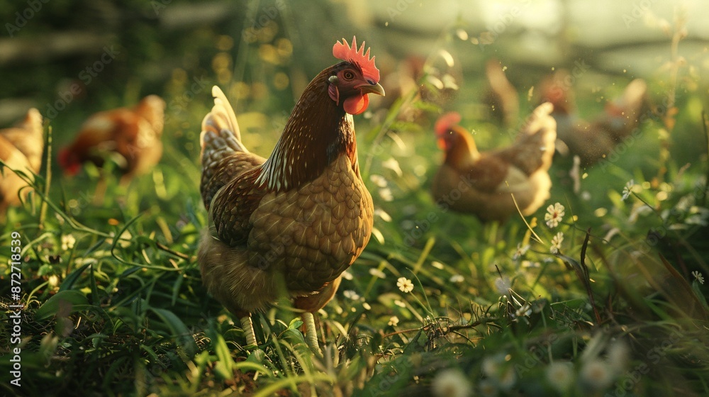 Fototapeta premium Flock of farm chickens grazing on green grass.