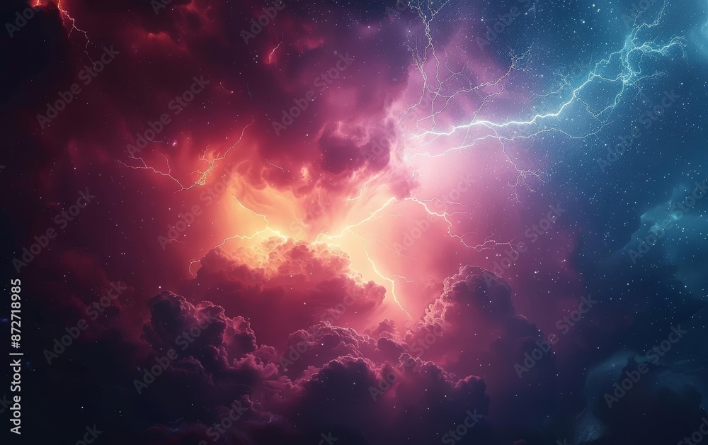 Dramatic lightning strikes through red and blue clouds. Dramatic lightning strikes through red and blue clouds.