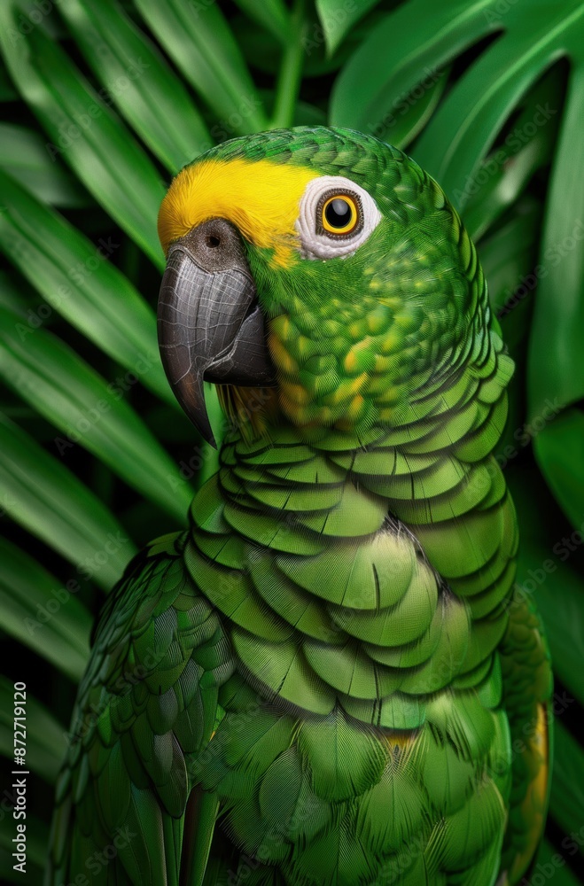 Fototapeta premium Vibrant green parrot with yellow head
