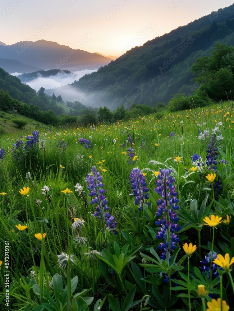 Obraz premium Vibrant mountain meadow with wildflowers at sunset