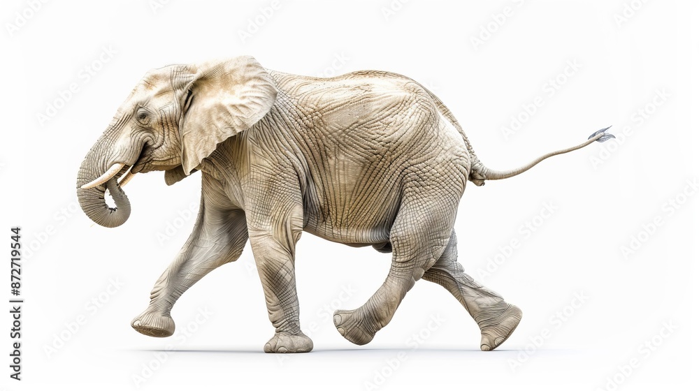 Obraz premium Walking Elephant in Full View with a Clean White Background. Vivid and Clear Image of Majestic Wildlife. Ideal for Nature and Wildlife Projects. Perfect for Educational and Print Use. AI