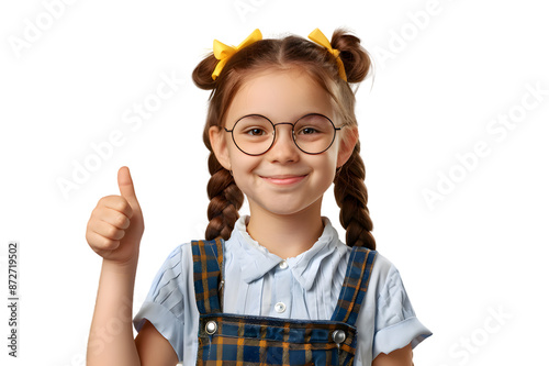 Smiling school girl showing thumb up isolated on transparent background