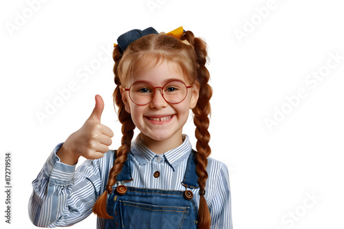 Smiling school girl showing thumb up isolated on transparent background