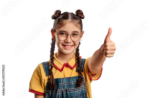 Smiling school girl showing thumb up isolated on transparent background