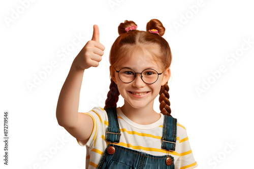 Smiling school girl showing thumb up isolated on transparent background