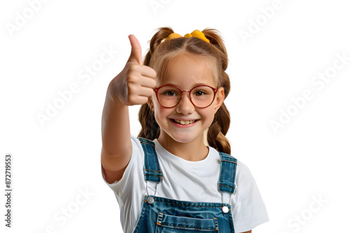 Smiling school girl showing thumb up isolated on transparent background