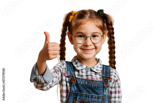 Smiling school girl showing thumb up isolated on transparent background
