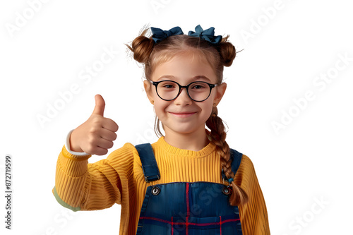 Smiling school girl showing thumb up isolated on transparent background