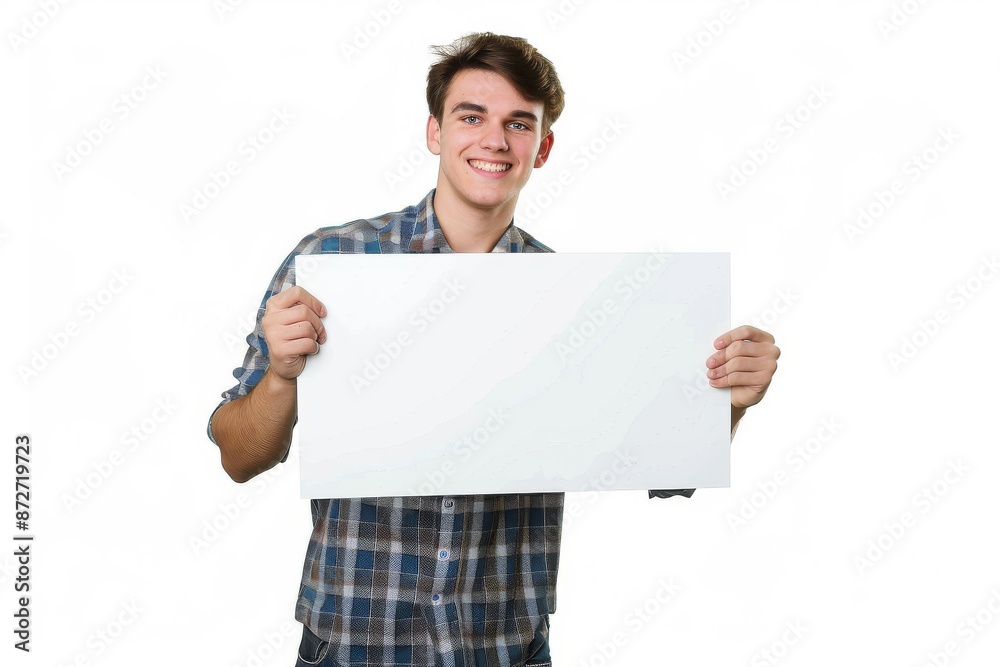 Young man holding blank sign isolated on white background. Empty banner with copy text space. paper sheet on light background Young man holding blank sign isolated on white background. Empty banner with copy text space. paper sheet on light background