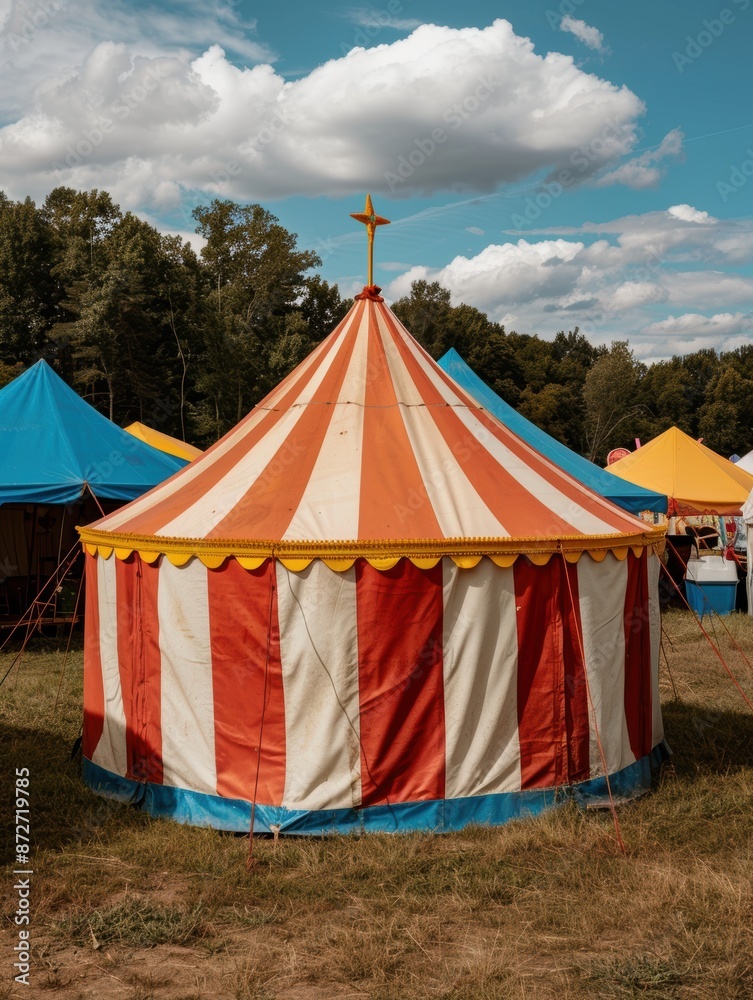 Colorful circus tent in a grassy field