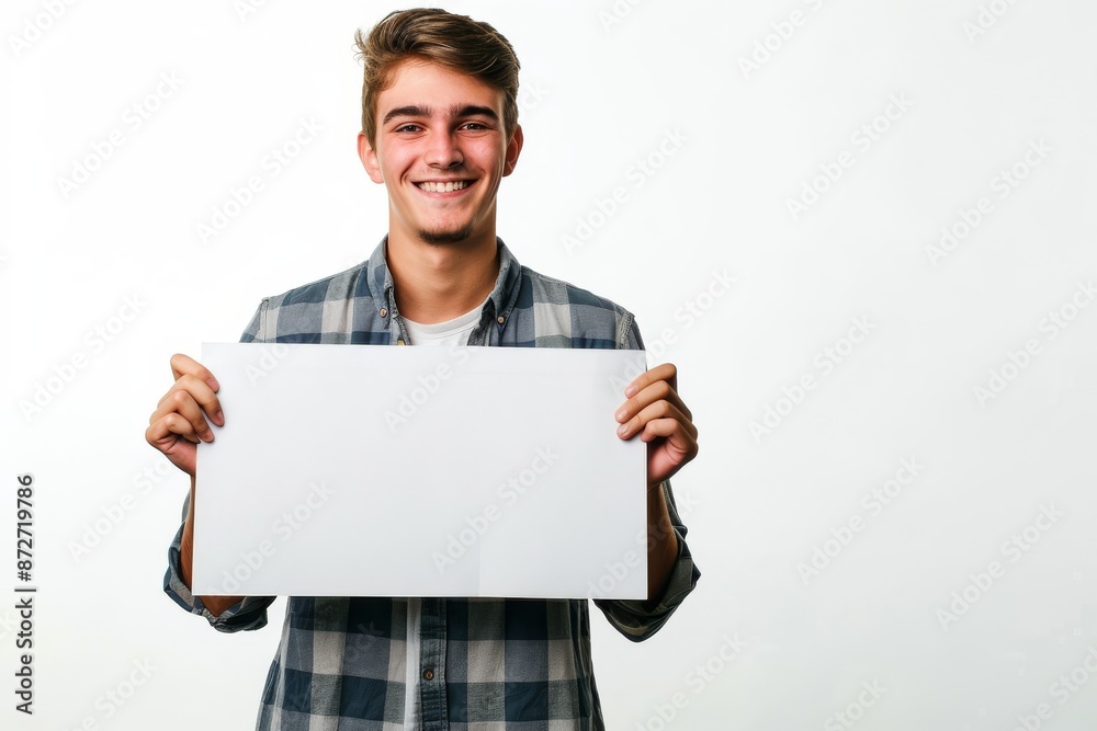 Young man holding blank sign isolated on white background. Empty banner with copy text space. paper sheet on light background Young man holding blank sign isolated on white background. Empty banner with copy text space. paper sheet on light background
