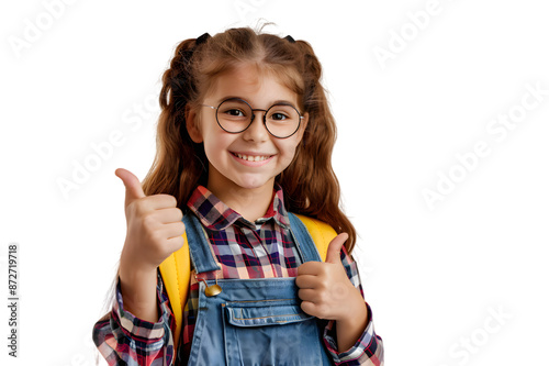 Smiling school girl showing thumb up isolated on transparent background