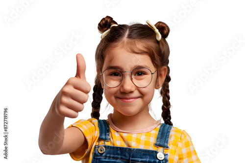 Smiling school girl showing thumb up isolated on transparent background