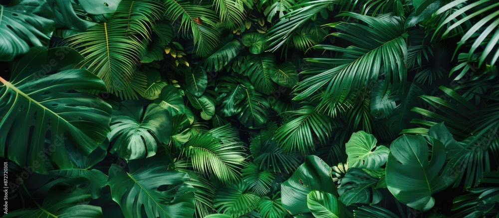 Lush green monstera jungle with dense foliage, creating a serene paradise aesthetic in a rainforest setting with an evergreen ecosystem perfect for a copy space image. Lush green monstera jungle with dense foliage, creating a serene paradise aesthetic in a rainforest setting with an evergreen ecosystem perfect for a copy space image.