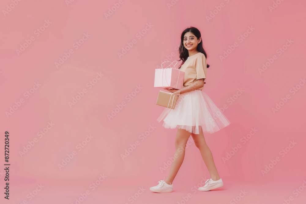young indian girl holding shopping bags on pink background young indian girl holding shopping bags on pink background