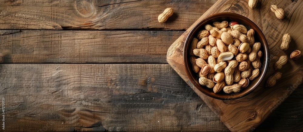 An overhead shot of a peanut in a bowl placed on a cutting board on a wooden table with copy space image.