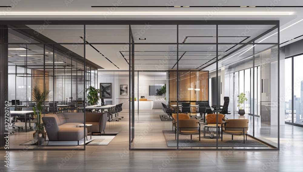 Fototapeta premium Luxury office interior space with glass walls, interior design, a modern minimalistic empty design. Marble floors expensive corporate environment