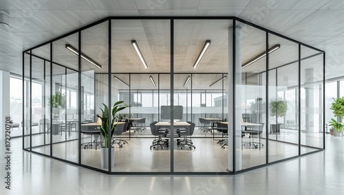 Luxury office interior space with glass walls  interior design  a modern minimalistic empty design. Marble floors expensive corporate environment