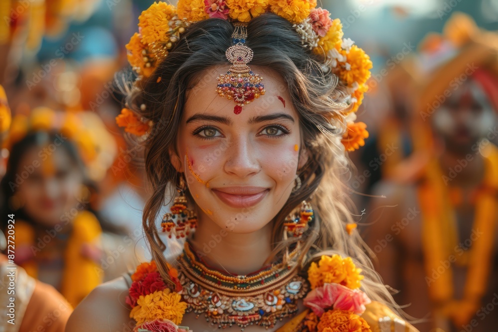 Smiling woman adorned with vibrant marigold flowers and traditional jewelry during a cultural festival celebration. Smiling woman adorned with vibrant marigold flowers and traditional jewelry during a cultural festival celebration.