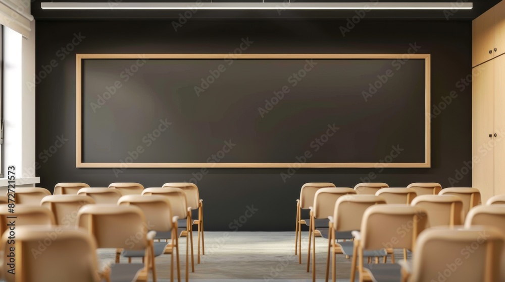 Empty Classroom with Modern Black Chalkboard
